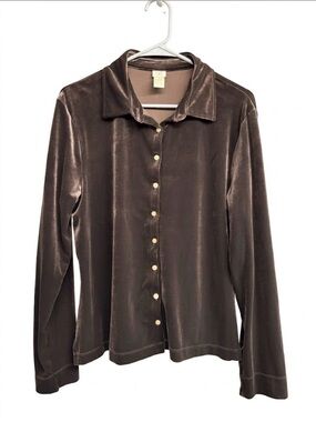 J. Jill Velvet Button-Up Long Sleeve Top - Chocolate Brown